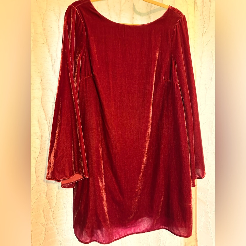 ModCloth deep red/ cherry crushed velvet dress with bell sleeves